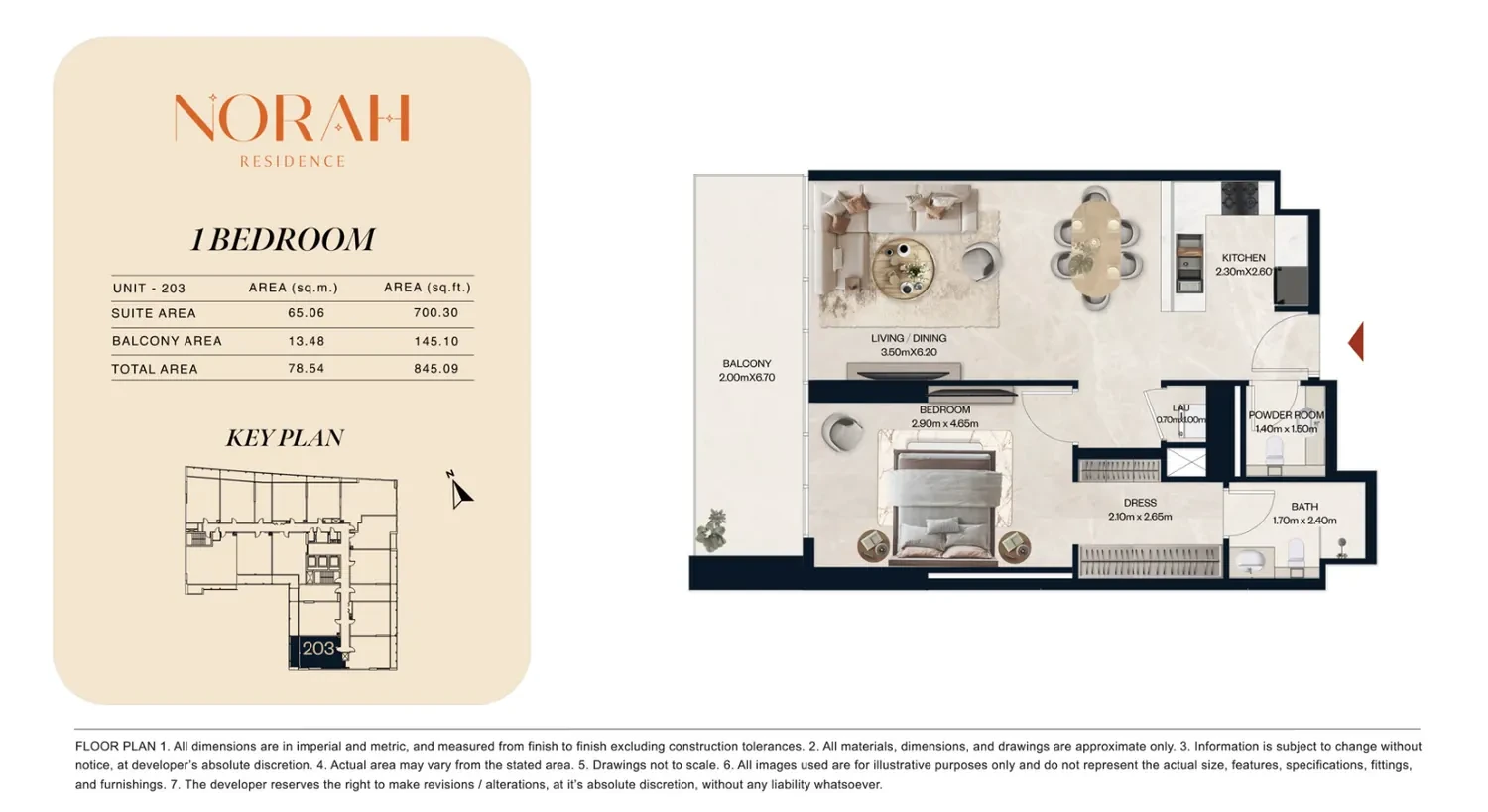 Norah Residence standard 1-bedroom apartment floor plan for Unit 203, 845.09 sq ft