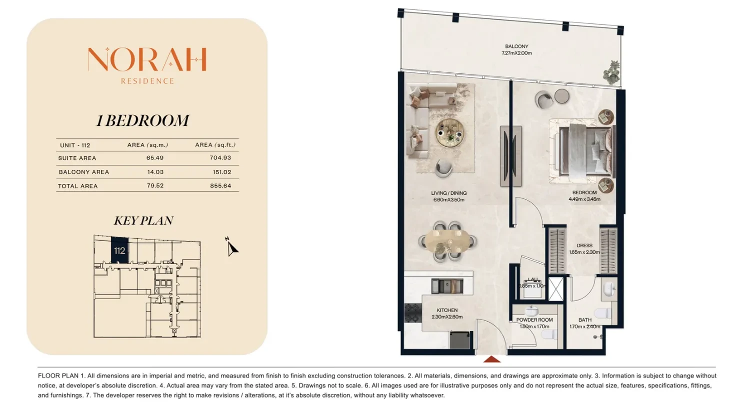 Norah Residence standard 1-bedroom apartment floor plan for Unit 112, 855.64 sq ft