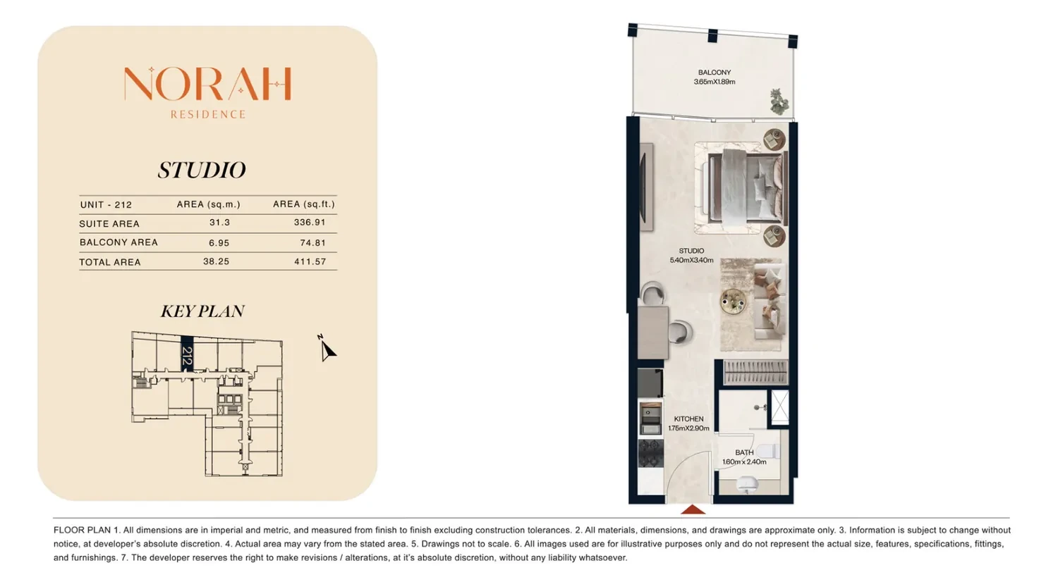 Norah Residence standard studio apartment floor plan for Unit 212, 411.67 sq ft