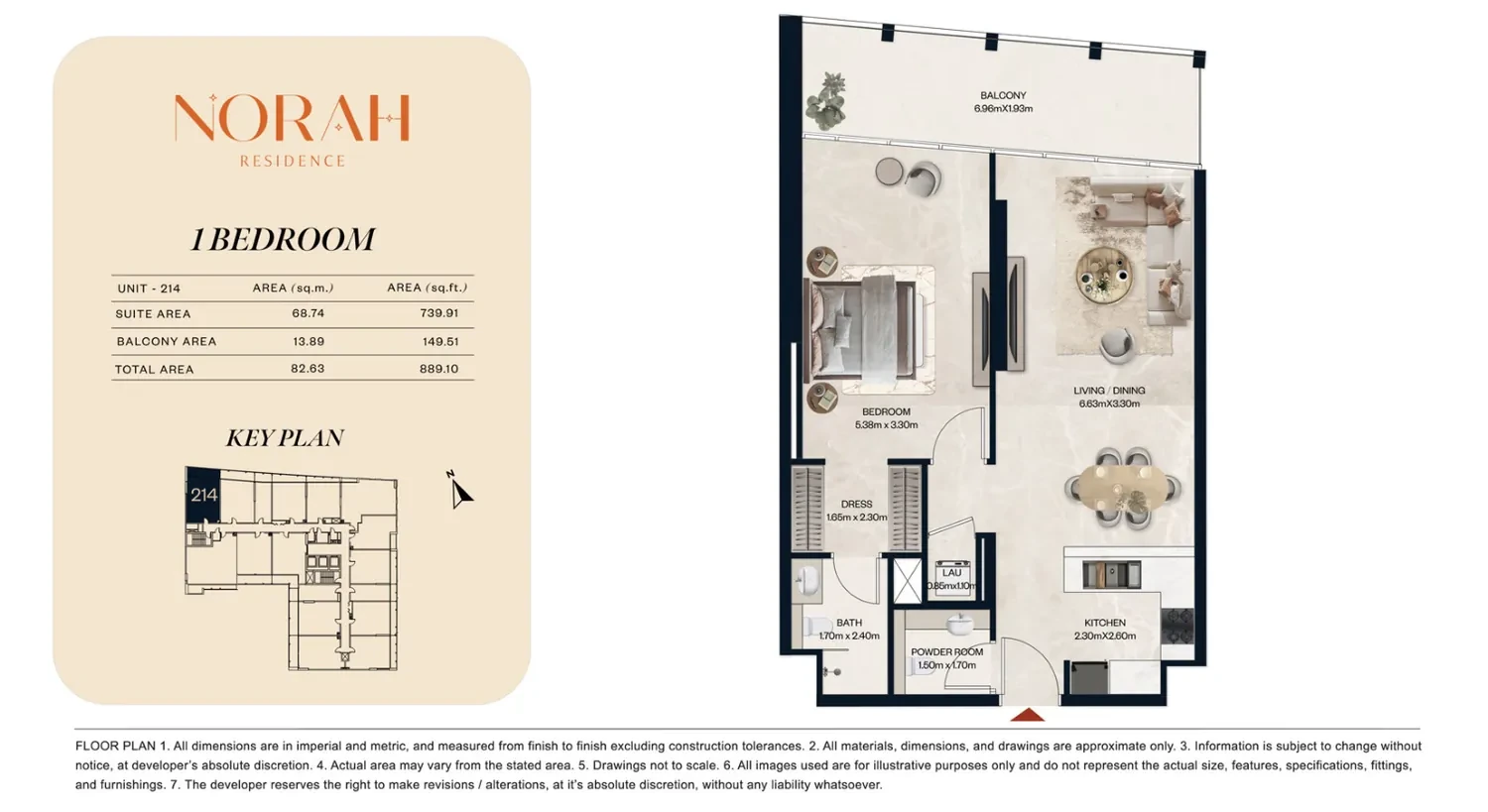 Norah Residence standard 1-bedroom apartment floor plan for Unit 214, 889.10 sq ft