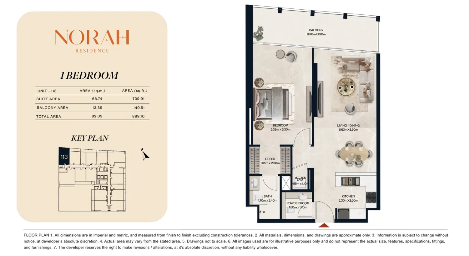 Norah Residence standard 1-bedroom apartment floor plan for Unit 113, 889.10 sq ft