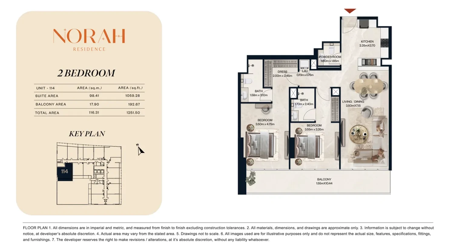 Norah Residence standard 2-bedroom apartment floor plan for Unit 114, 1,251.50 sq ft