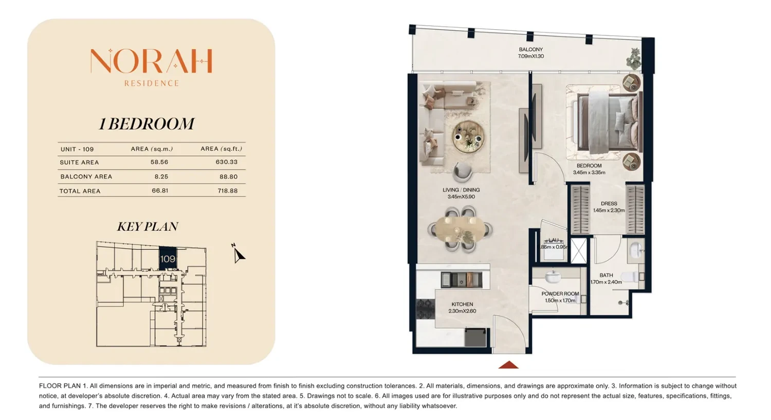 Norah Residence standard 1-bedroom apartment floor plan for Unit 109, 718.88 sq ft