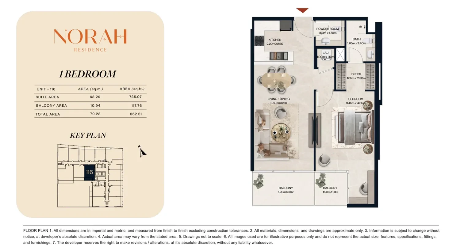 Norah Residence standard 1-bedroom apartment floor plan for Unit 116, 852.51 sq ft