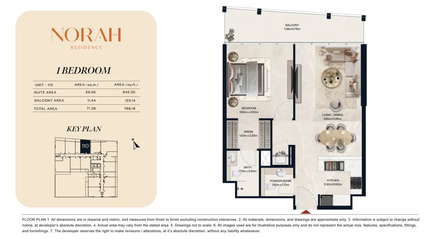Norah Residence standard 1-bedroom apartment floor plan for Unit 110, 768.16 sq ft