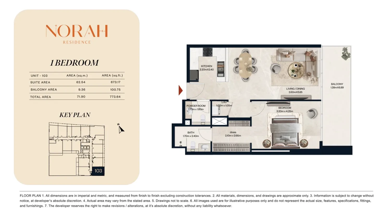 Norah Residence standard 1-bedroom apartment floor plan for Unit 103, 773.64 sq ft