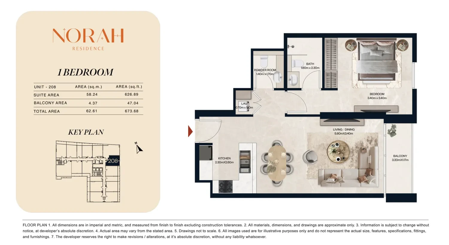 Norah Residence standard 1-bedroom apartment floor plan for Unit 208, 673.68 sq ft