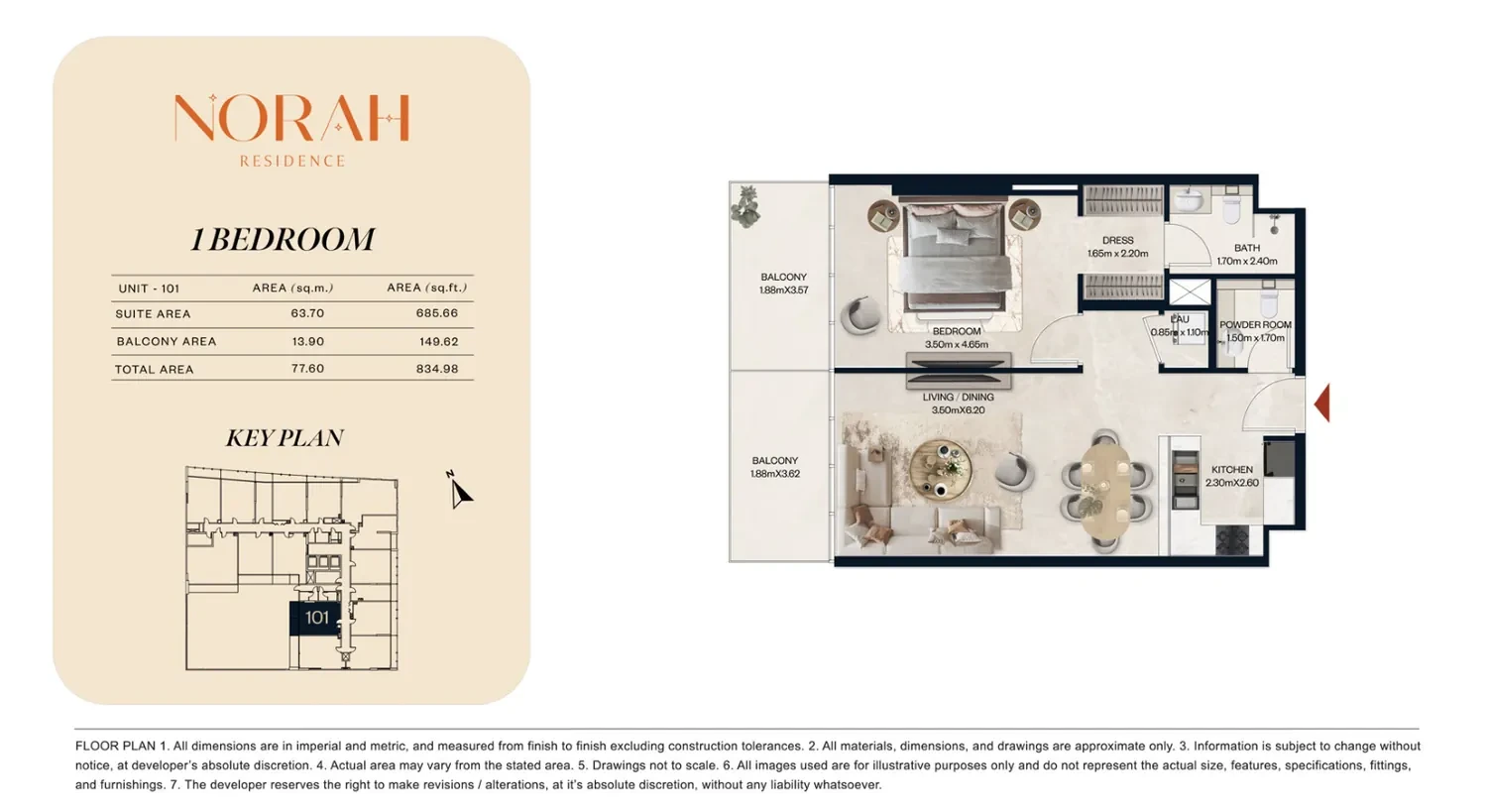 Norah Residence standard 1-bedroom apartment floor plan for Unit 101, 834.98 sq ft