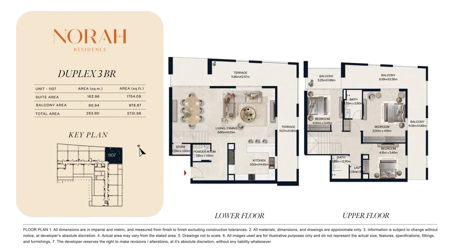 Norah Residence standard 3-bedroom duplex floor plan for Unit 1107, 2,731.96 sq ft