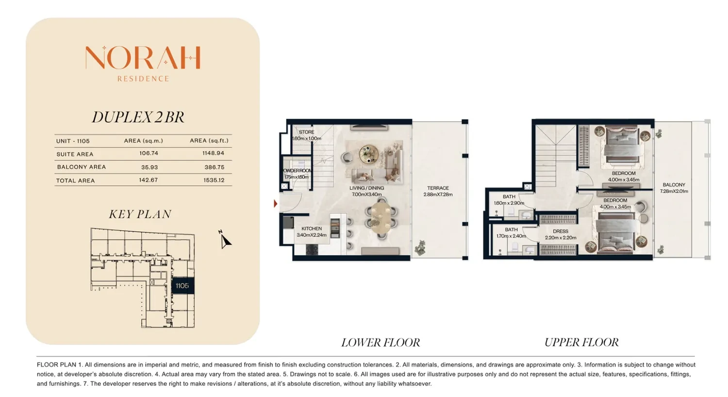 Norah Residence standard 2-bedroom duplex floor plan for Unit 1105, 1,535.12 sq ft