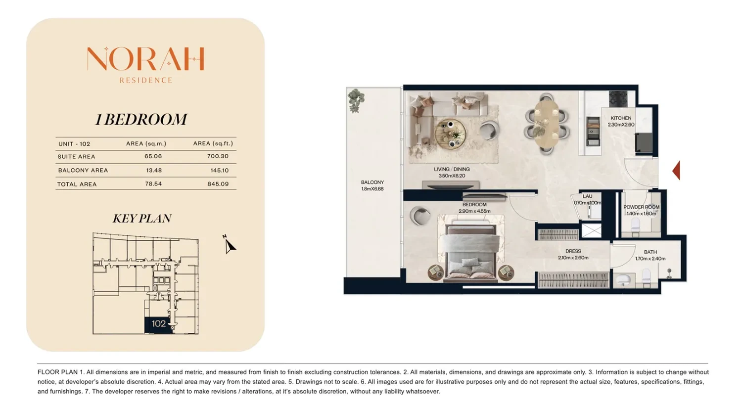 Norah Residence standard 1-bedroom apartment floor plan for Unit 102, 845.09 sq ft
