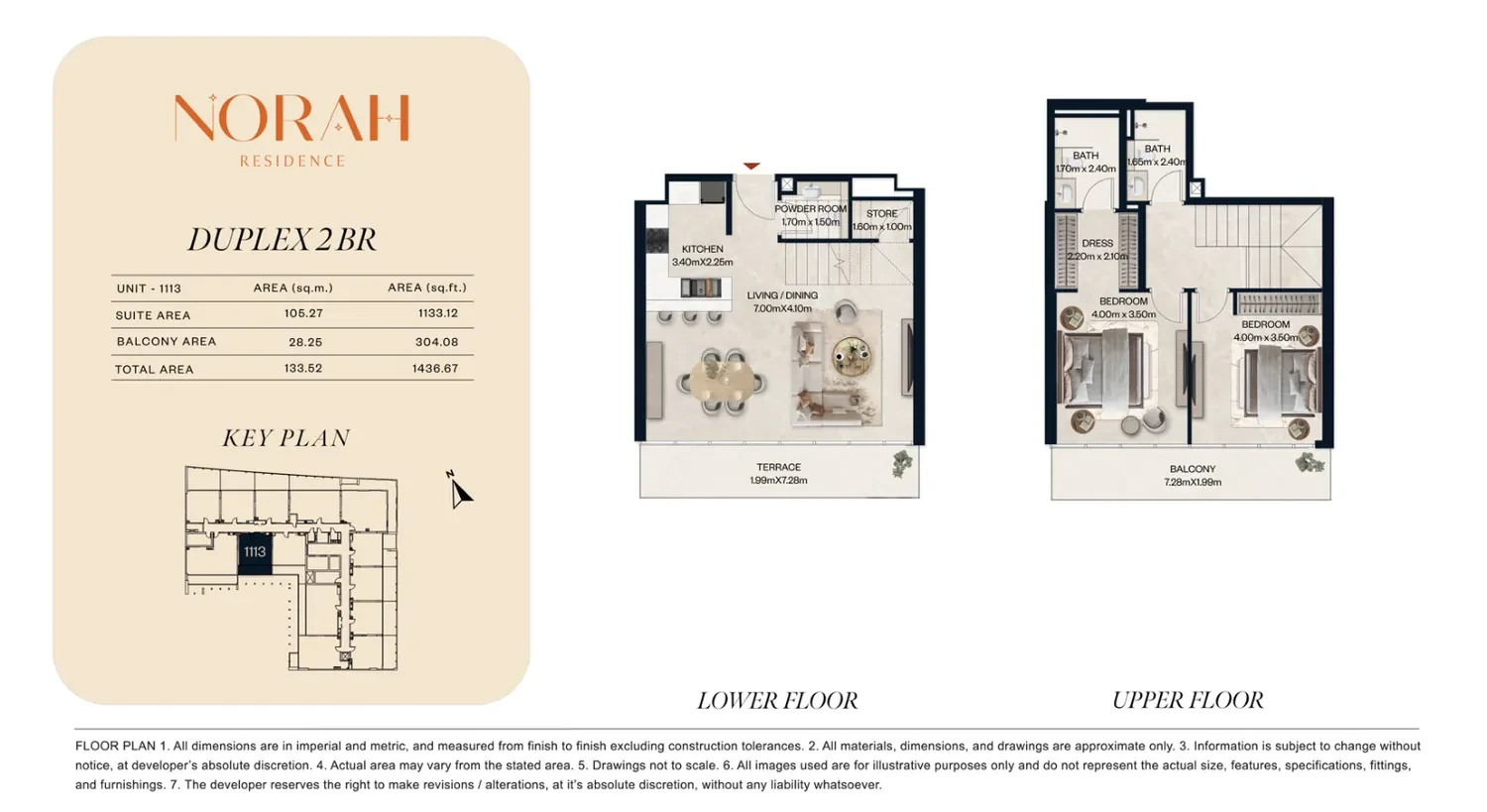 Norah Residence standard 2-bedroom duplex floor plan for Unit 1113, 1,436.67 sq ft