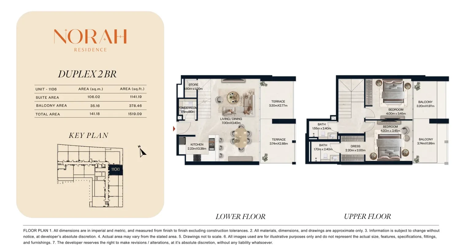 Norah Residence standard 2-bedroom duplex floor plan for Unit 1106, 1,519.09 sq ft