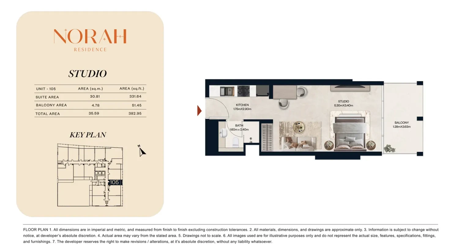 Norah Residence standard studio apartment floor plan for Unit 105, 382.95 sq ft