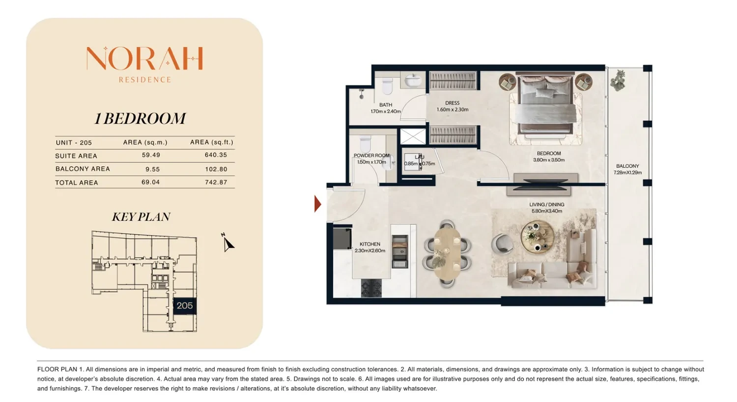Norah Residence standard 1-bedroom apartment floor plan for Unit 205, 742.87 sq ft