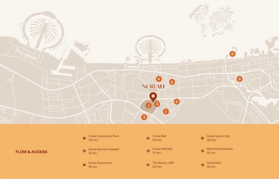 Norah Residence location map in Jumeirah Village Circle with drive times to nearby destinations