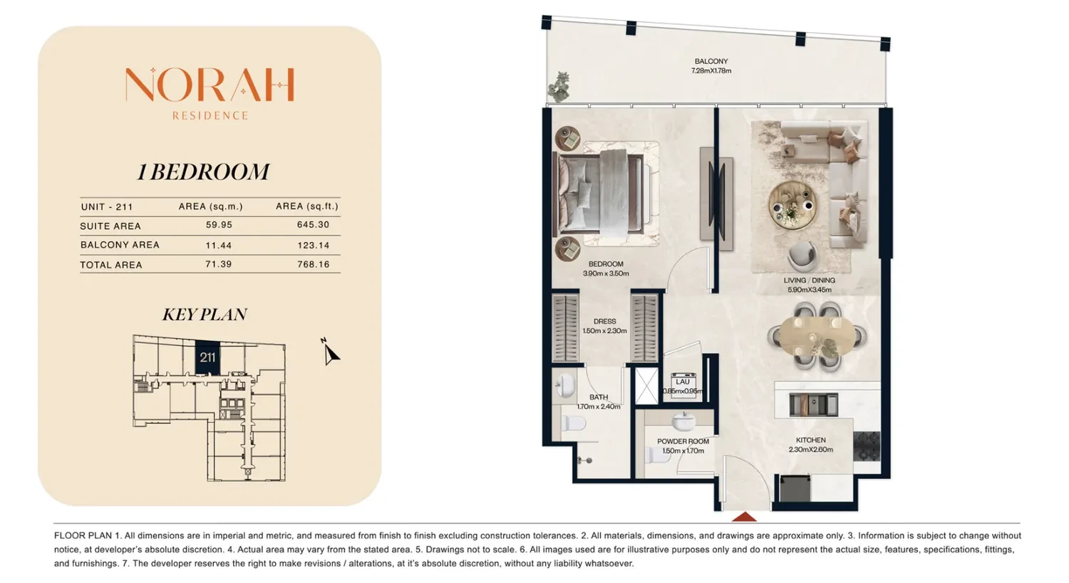 Norah Residence standard 1-bedroom apartment floor plan for Unit 211, 768.16 sq ft