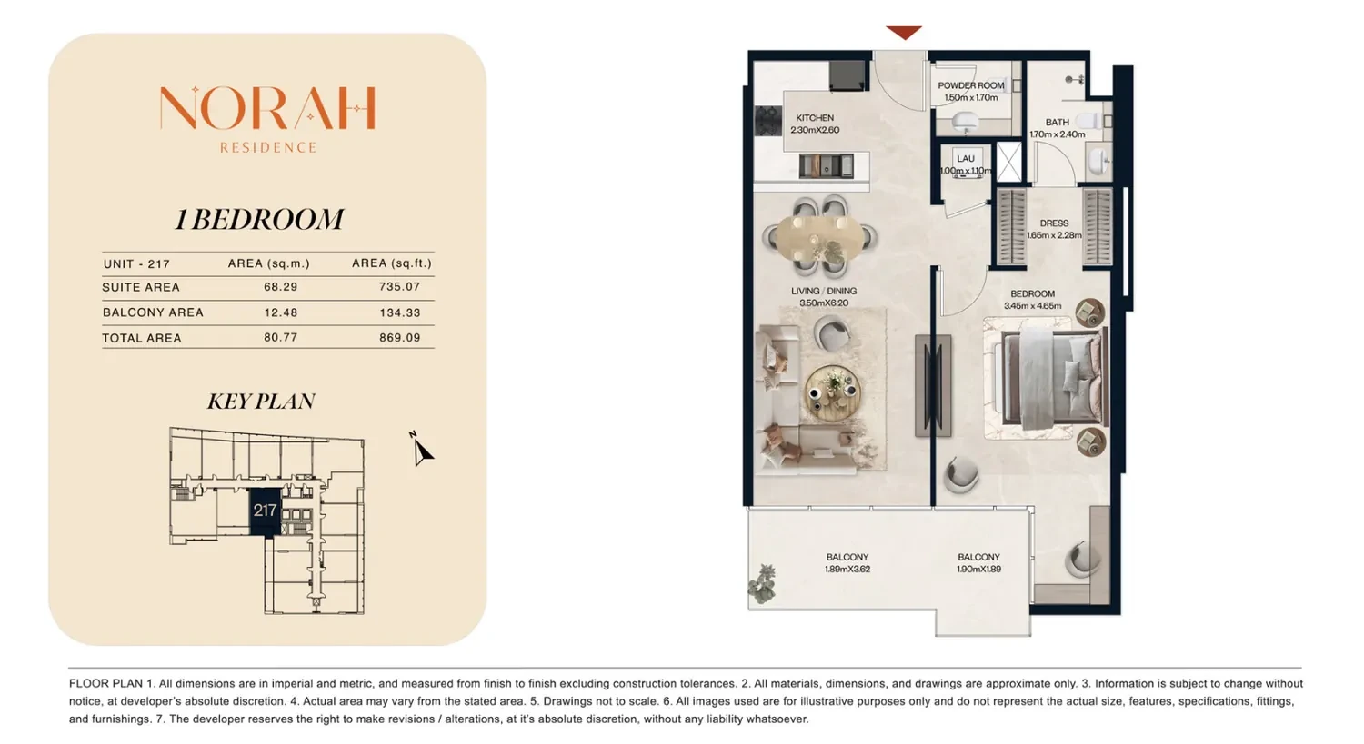 Norah Residence standard 1-bedroom apartment floor plan for Unit 217, 869.09 sq ft