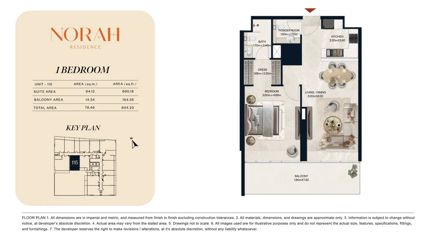 Norah Residence standard 1-bedroom apartment floor plan for Unit 115, 844.23 sq ft