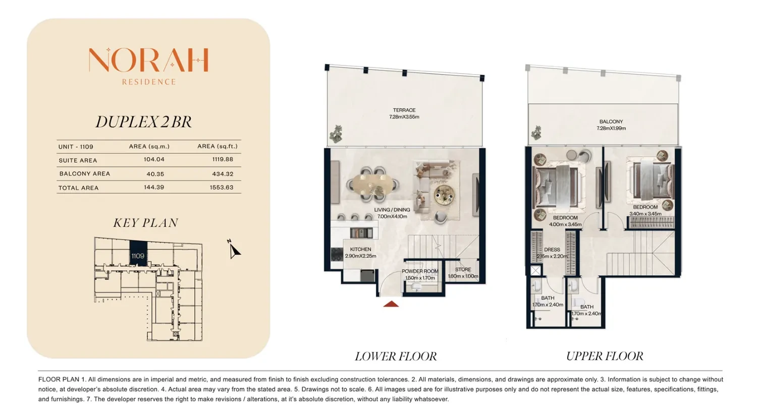 Norah Residence standard 2-bedroom duplex floor plan for Unit 1109, 1,553.63 sq ft