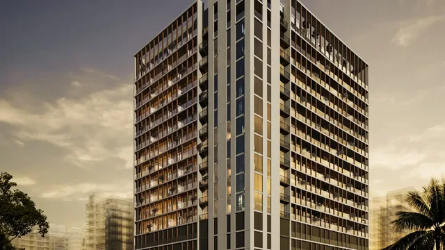 Norah Residence tower exterior with its warm-toned facade and landscaped frontage