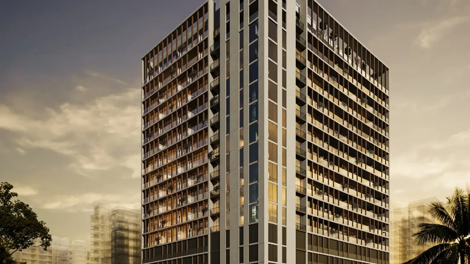 Norah Residence tower exterior with its warm-toned facade and landscaped frontage