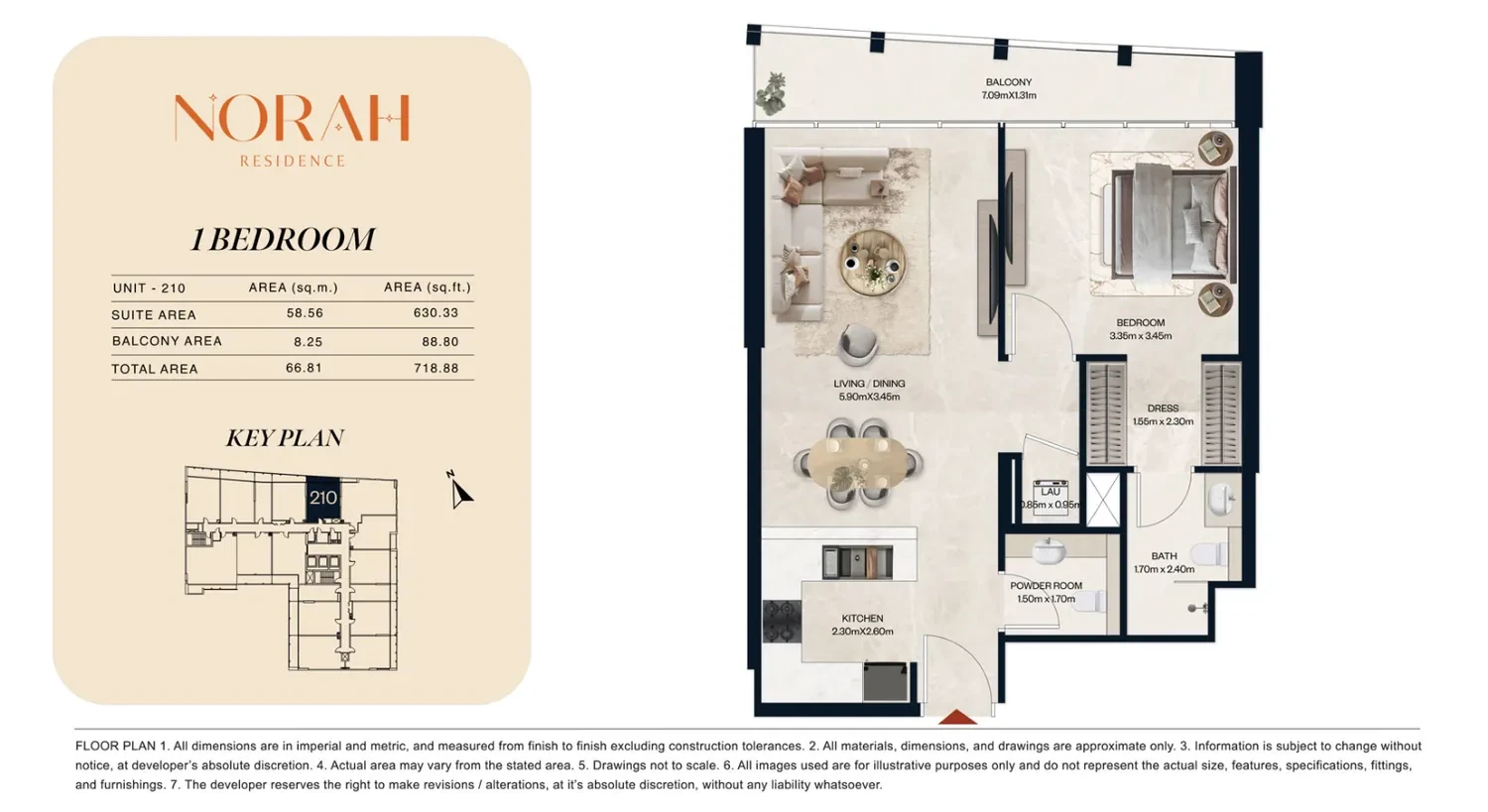 Norah Residence standard 1-bedroom apartment floor plan for Unit 210, 718.88 sq ft