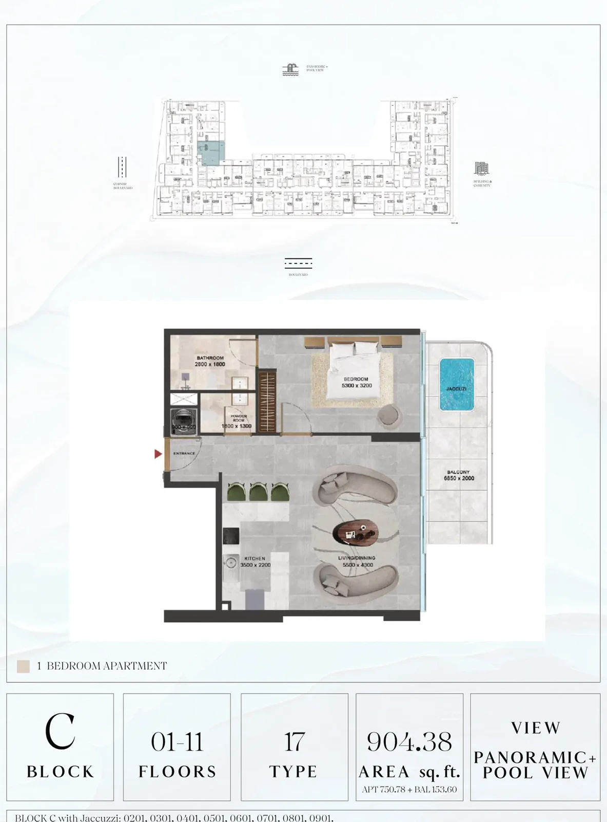 Vivanti Residences standard 1-bedroom apartment floor plan for Block C, Floors 01-11, Type 17, 904.38 sq ft