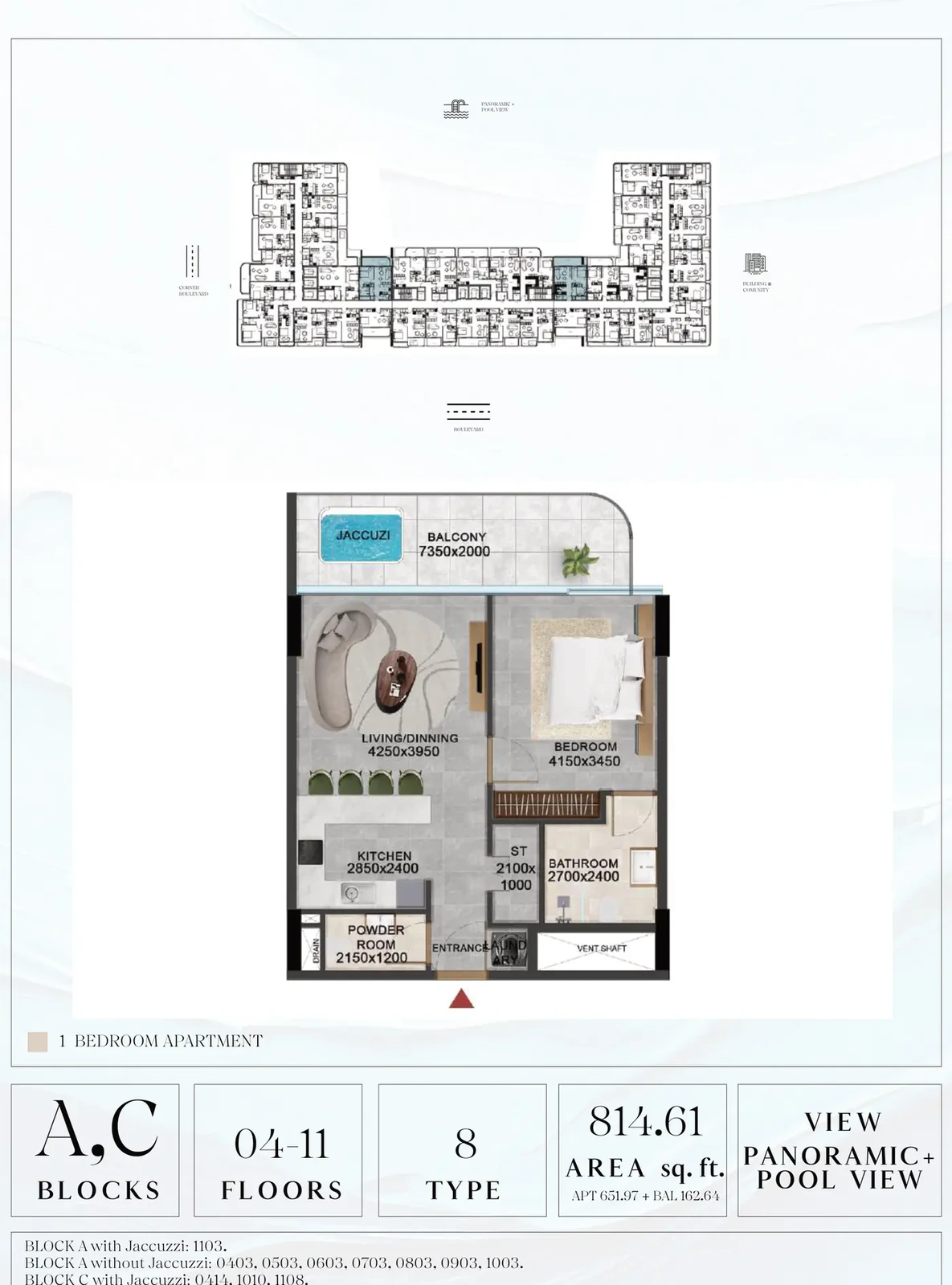 Vivanti Residences standard 1-bedroom apartment floor plan for Blocks A/C, Floors 04-11, Type 08, 814.61 sq ft