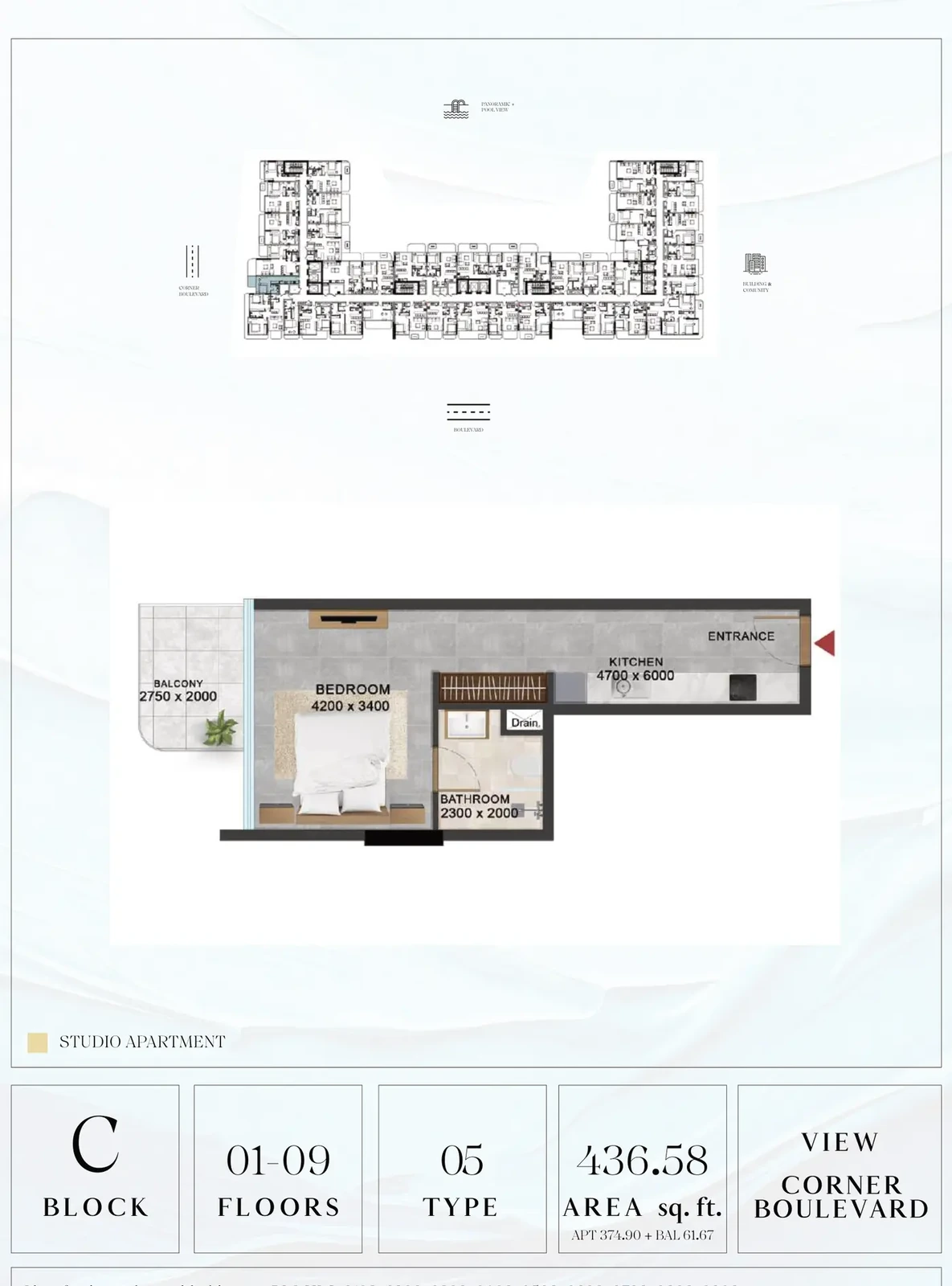 Vivanti Residences standard studio apartment floor plan for Block C, Floors 01-09, Type 05, 436.58 sq ft