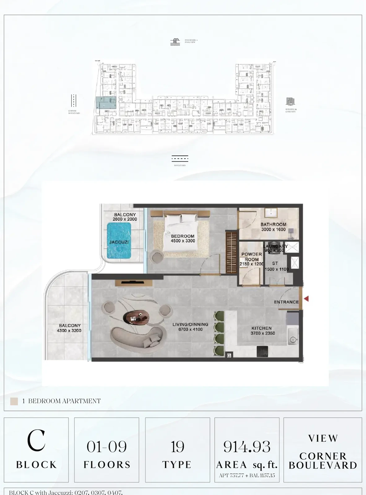 Vivanti Residences standard 1-bedroom apartment floor plan for Block C, Floors 01-09, Type 19, 914.93 sq ft