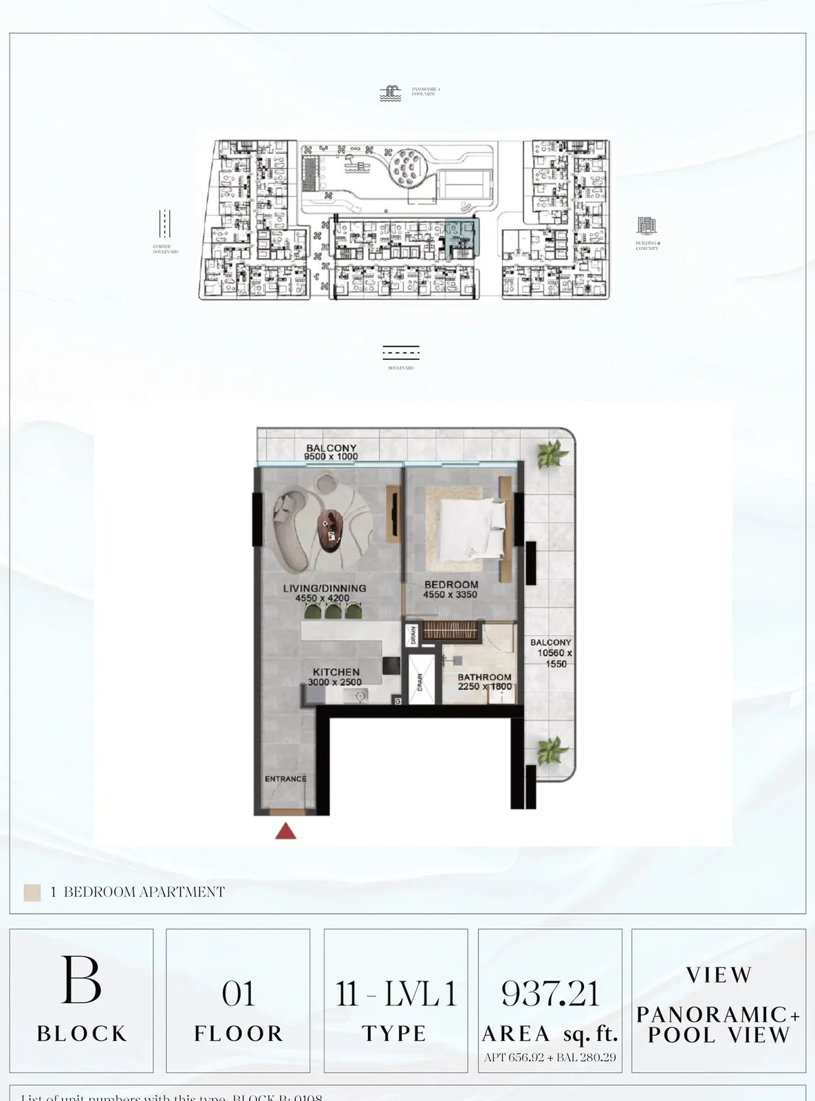 Vivanti Residences standard 1-bedroom apartment floor plan for Block B, Floor 01, Type 11-LVL1, 937.21 sq ft
