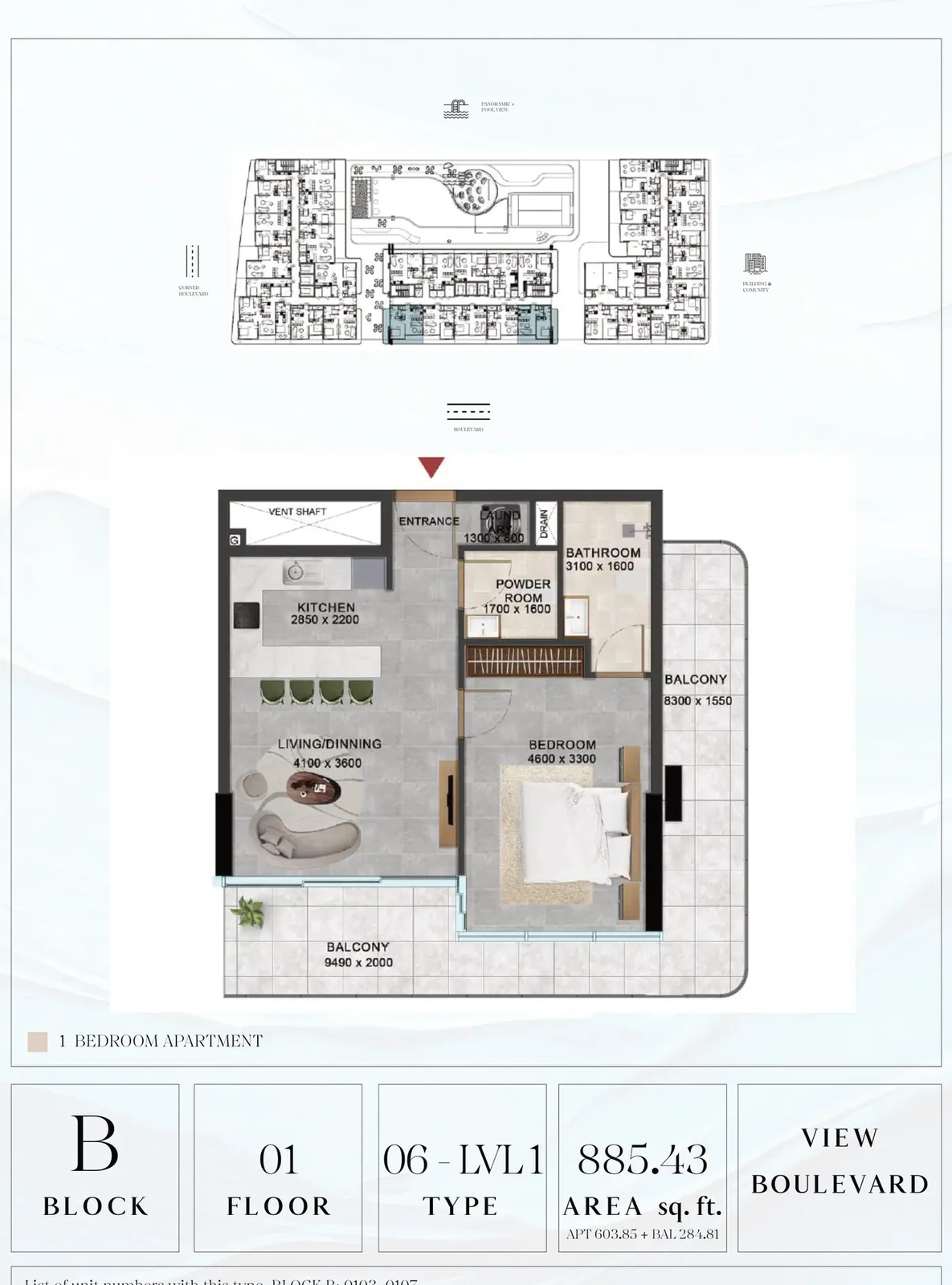 Vivanti Residences standard 1-bedroom apartment floor plan for Block B, Floor 01, Type 06-LVL1, 885.43 sq ft