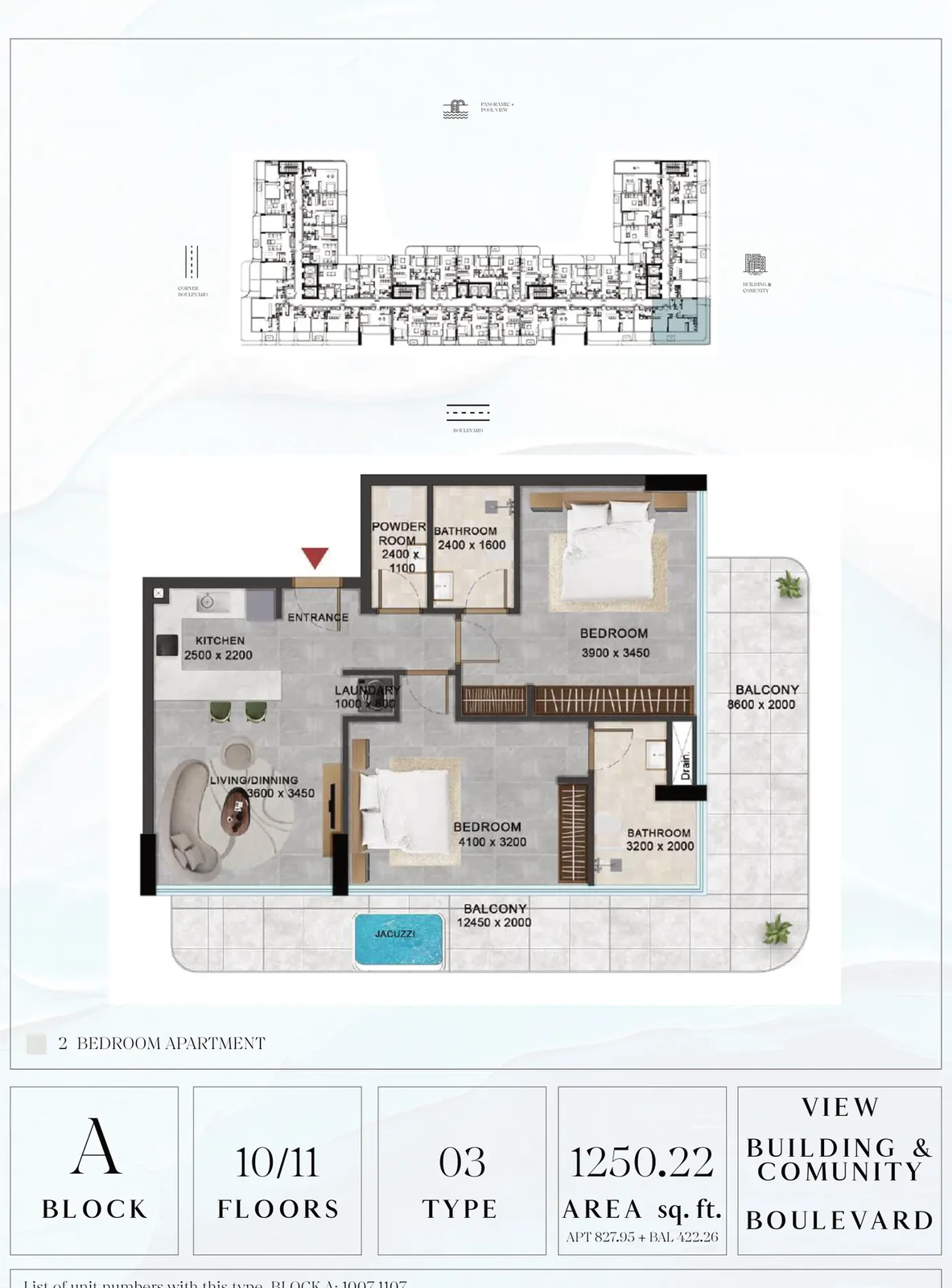 Vivanti Residences standard 2-bedroom apartment floor plan for Block A, Floors 10-11, Type 03, 1,250.22 sq ft