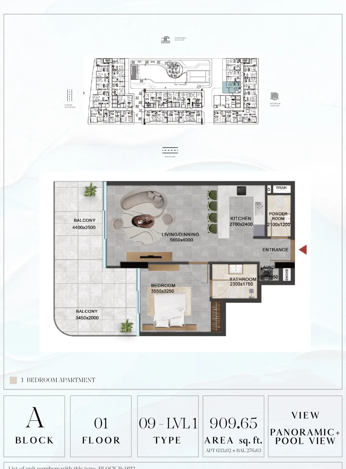 Vivanti Residences standard 1-bedroom apartment floor plan for Block A, Floor 01, Type 09-LVL1, 909.65 sq ft