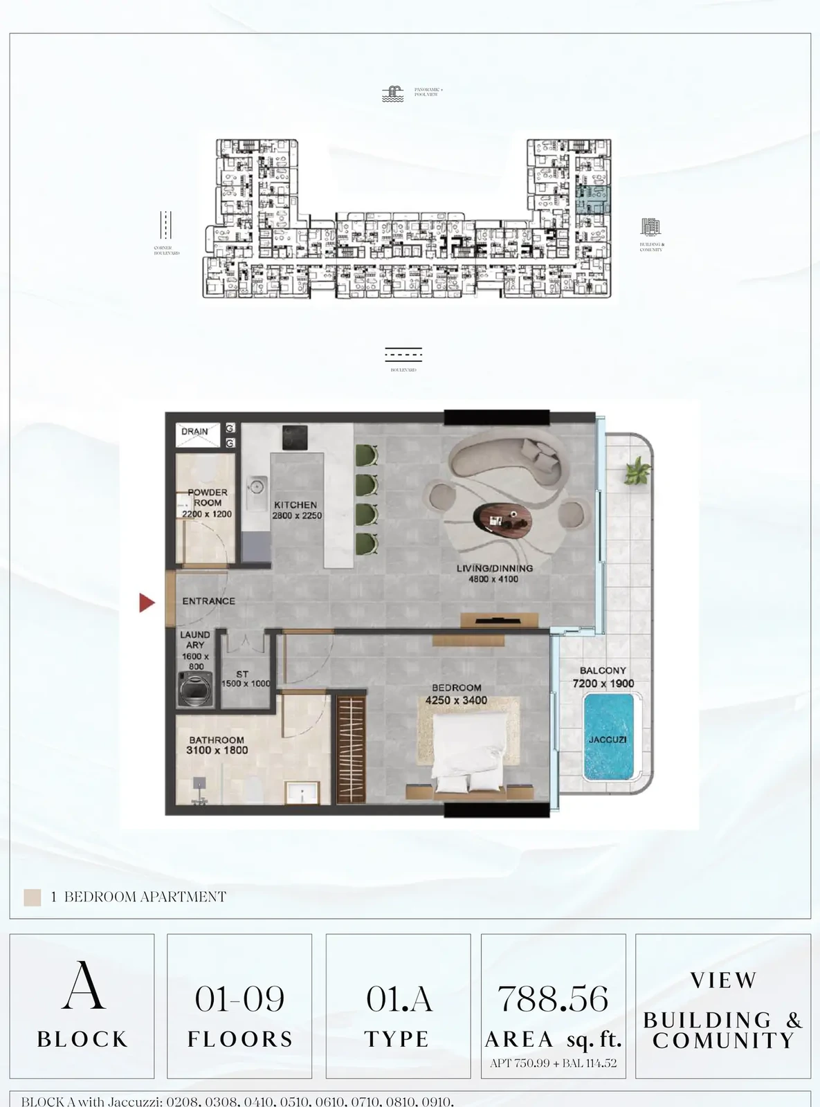 Vivanti Residences standard 1-bedroom apartment floor plan for Block A, Floors 01-09, Type 01.A, 788.56 sq ft