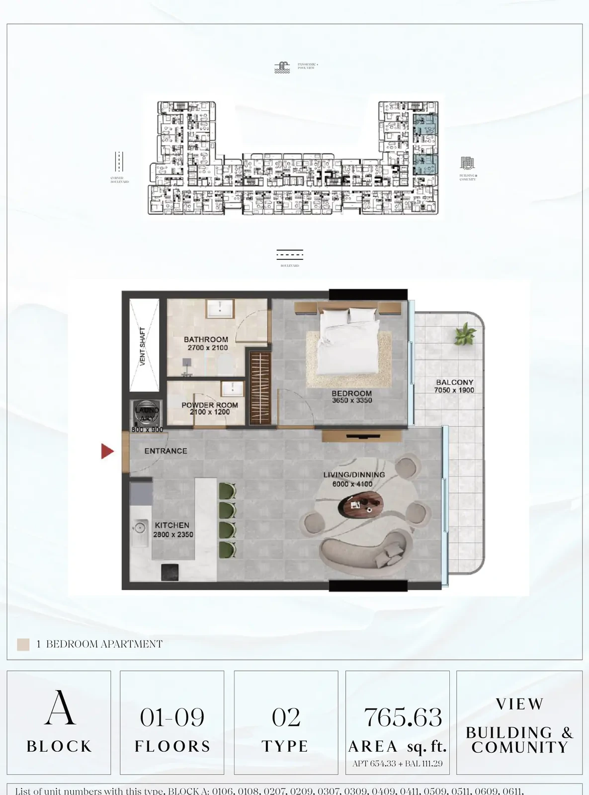Vivanti Residences standard 1-bedroom apartment floor plan for Block A, Floors 01-09, Type 02, 765.63 sq ft
