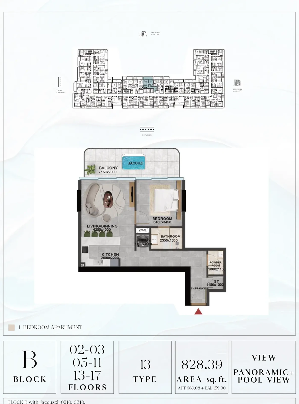 Vivanti Residences standard 1-bedroom apartment floor plan for Block B, Floors 02-03, 05-11, 13-17, Type 13, 828.39 sq ft