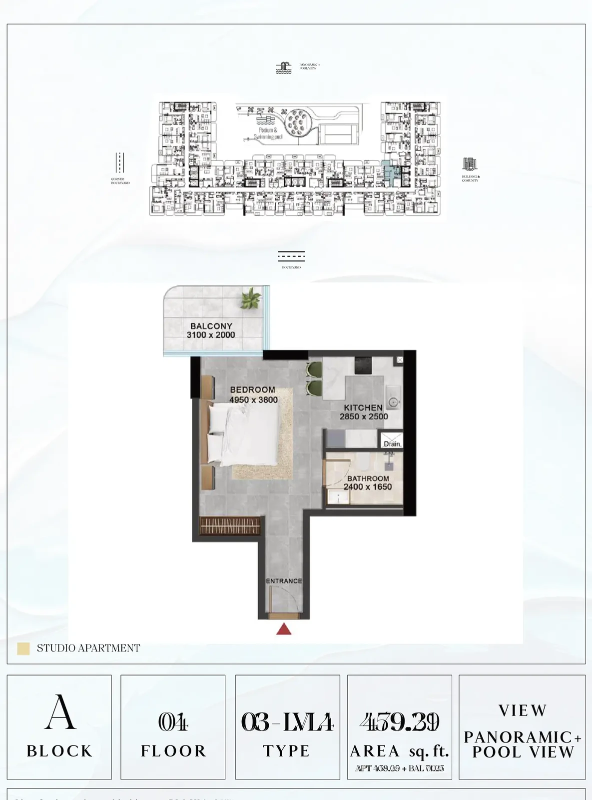 Vivanti Residences standard studio apartment floor plan for Block A, Floor 04, Type 03-LVL4, 479.39 sq ft