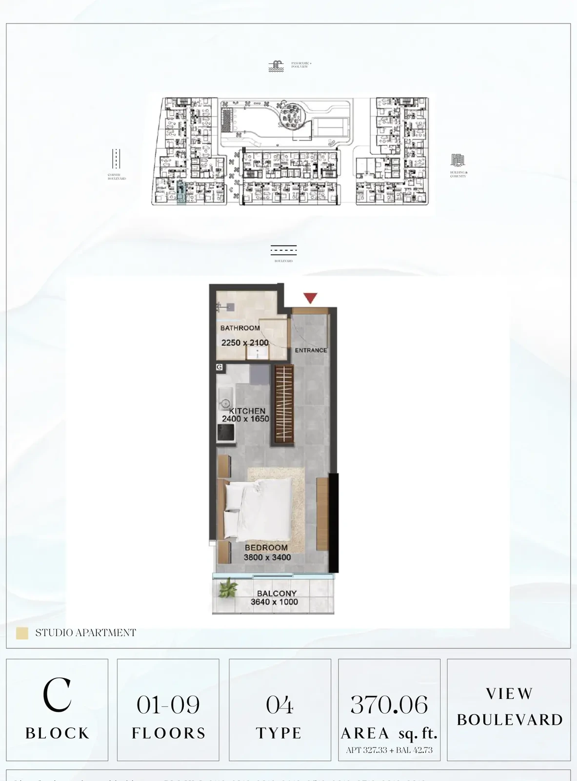 Vivanti Residences standard studio apartment floor plan for Block C, Floors 01-09, Type 04, 370.06 sq ft