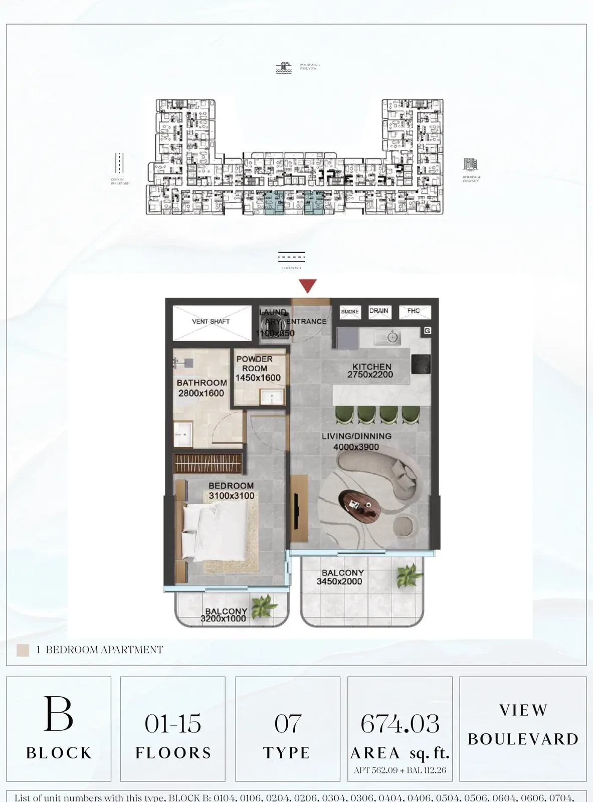 Vivanti Residences standard 1-bedroom apartment floor plan for Block B, Floors 01-15, Type 07, 674.03 sq ft