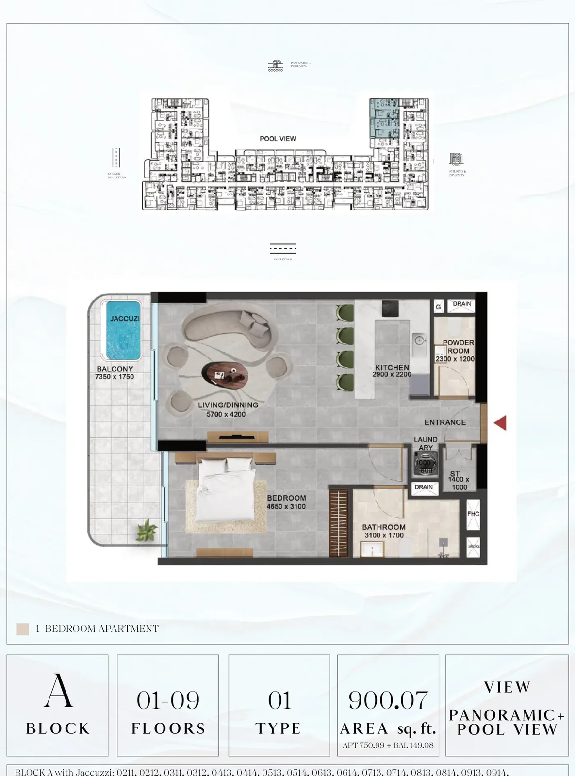 Vivanti Residences standard 1-bedroom apartment floor plan for Block A, Floors 01-09, Type 01, 900.07 sq ft