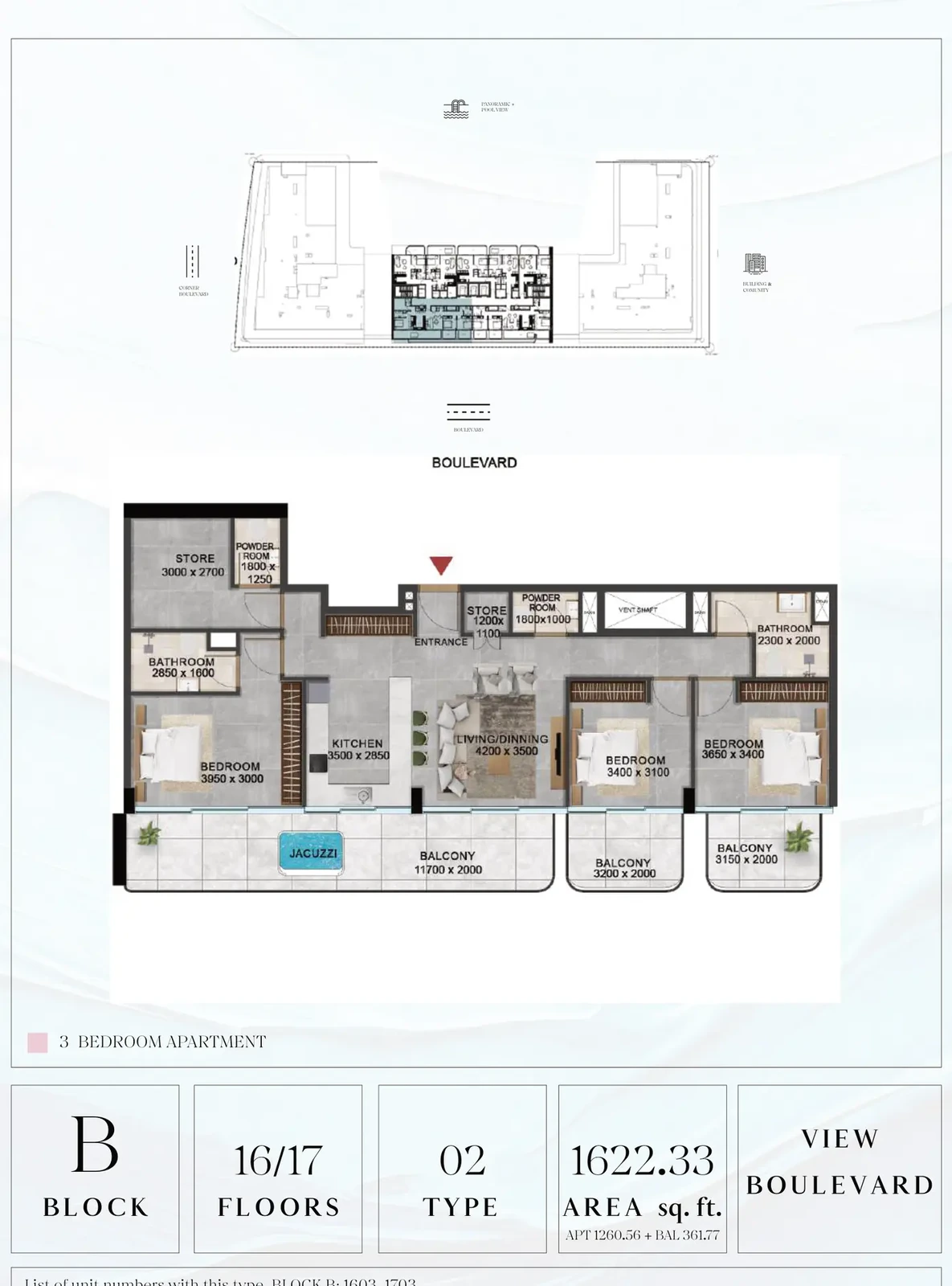 Vivanti Residences standard 3-bedroom apartment floor plan for Block B, Floors 16-17, Type 02, 1,622.33 sq ft