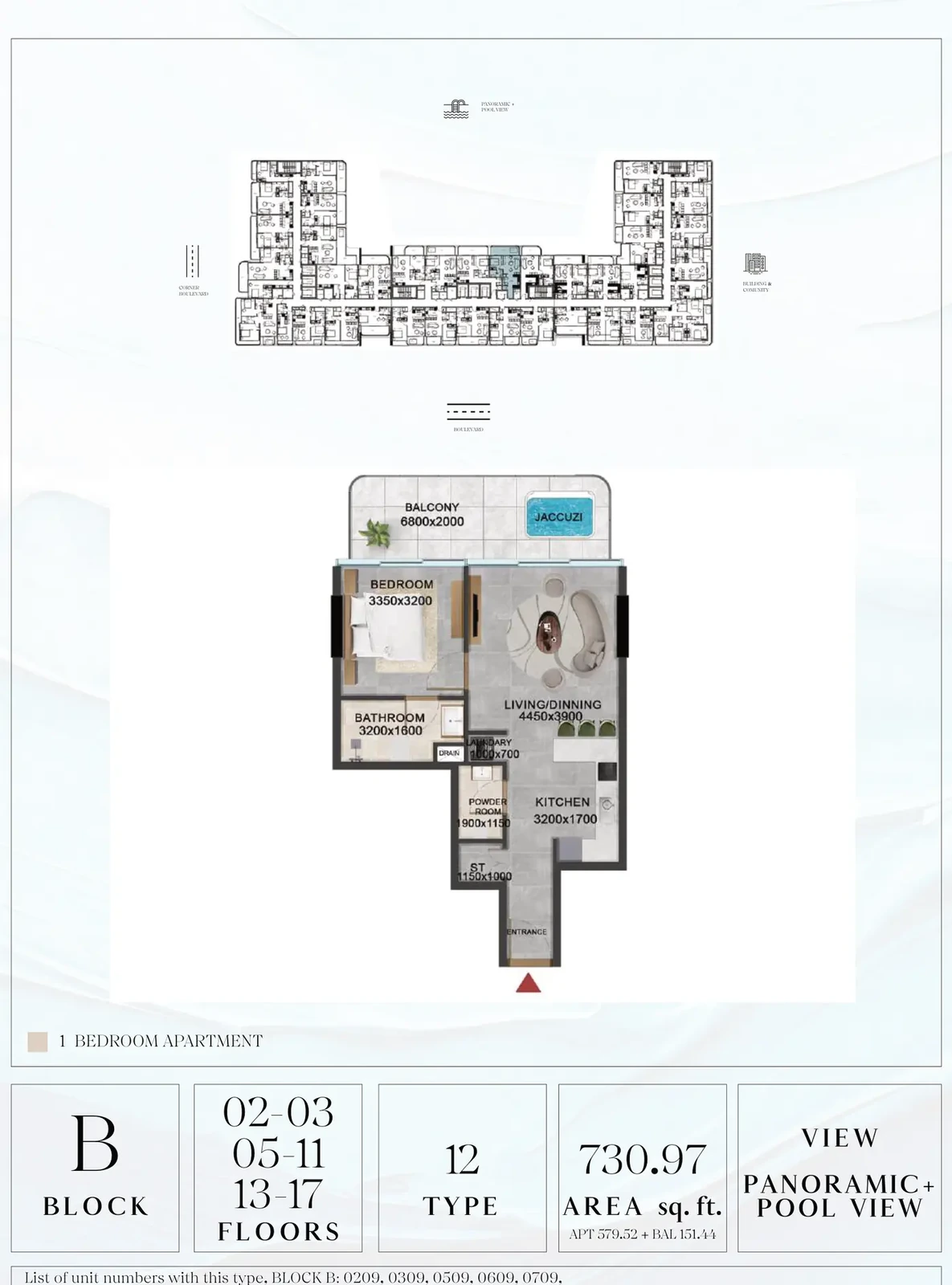 Vivanti Residences standard 1-bedroom apartment floor plan for Block B, Floors 02-03, 05-11, 13-17, Type 12, 730.97 sq ft