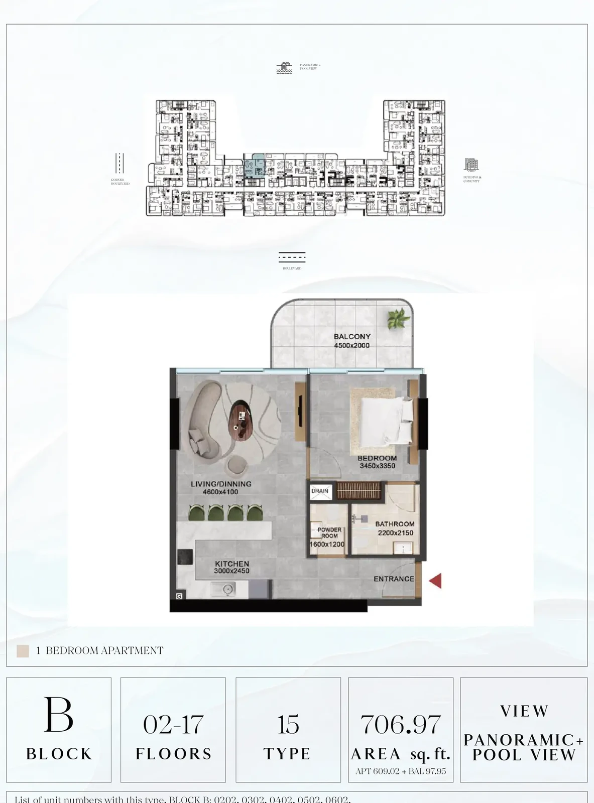 Vivanti Residences standard 1-bedroom apartment floor plan for Block B, Floors 02-17, Type 15, 706.97 sq ft