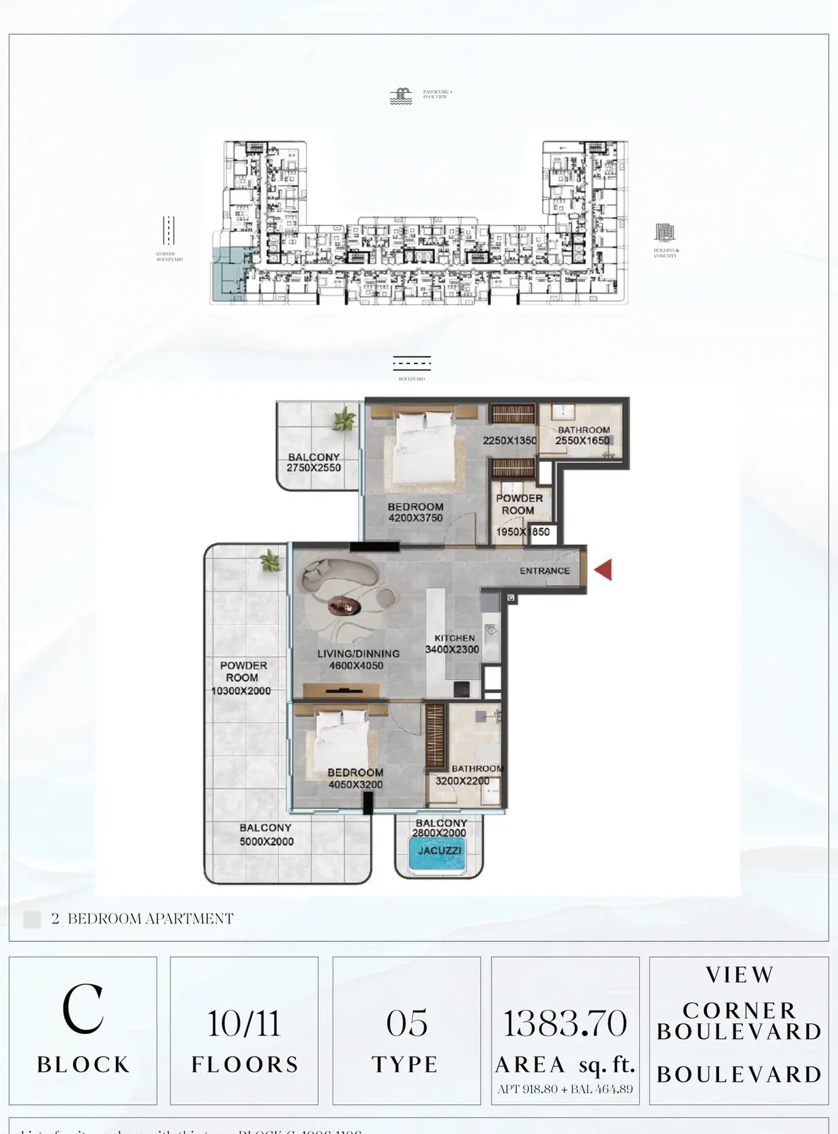 Vivanti Residences standard 2-bedroom apartment floor plan for Block C, Floors 10-11, Type 05, 1,383.70 sq ft