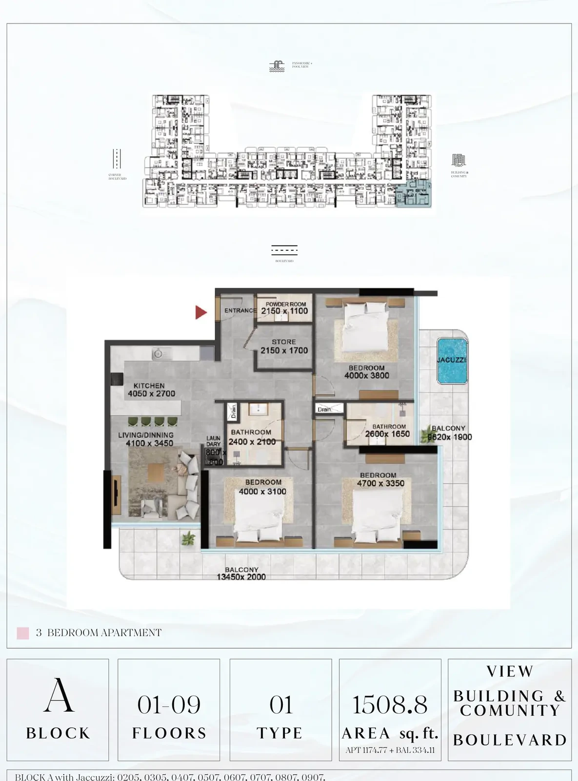 Vivanti Residences standard 3-bedroom apartment floor plan for Block A, Floors 01-09, Type 01, 1,508.80 sq ft