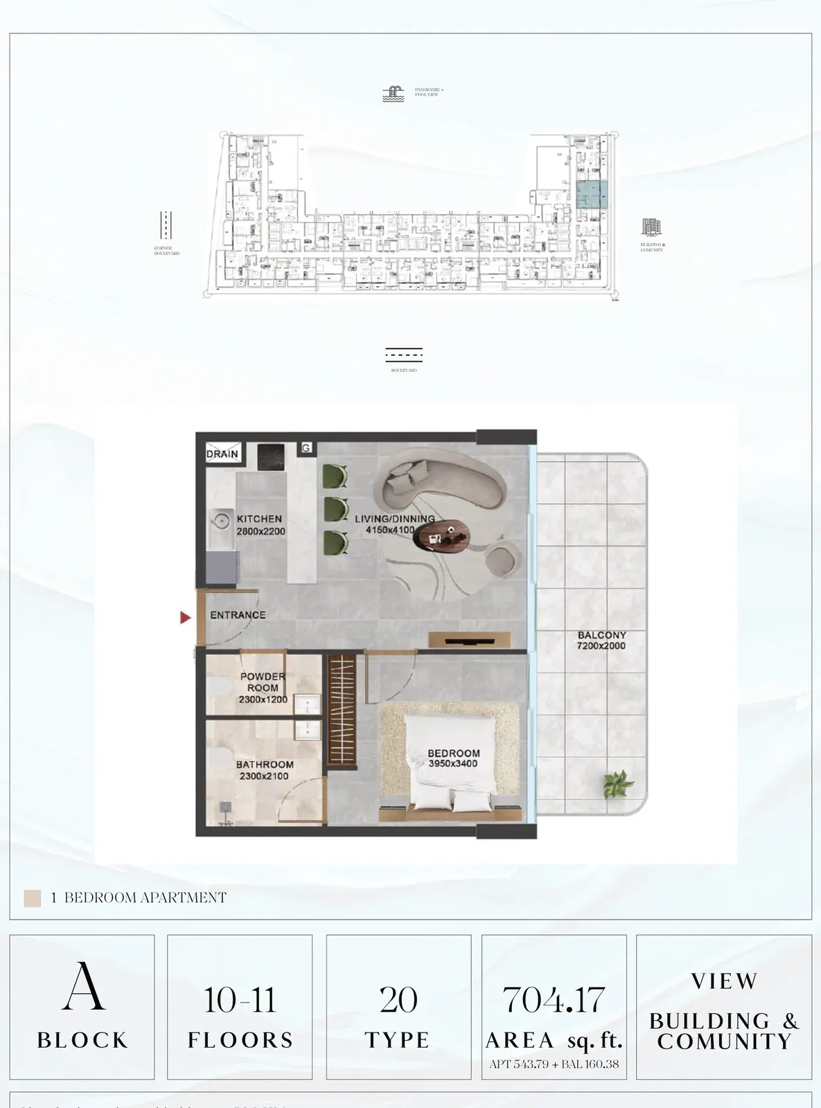 Vivanti Residences standard 1-bedroom apartment floor plan for Block A, Floors 10-11, Type 20, 704.17 sq ft