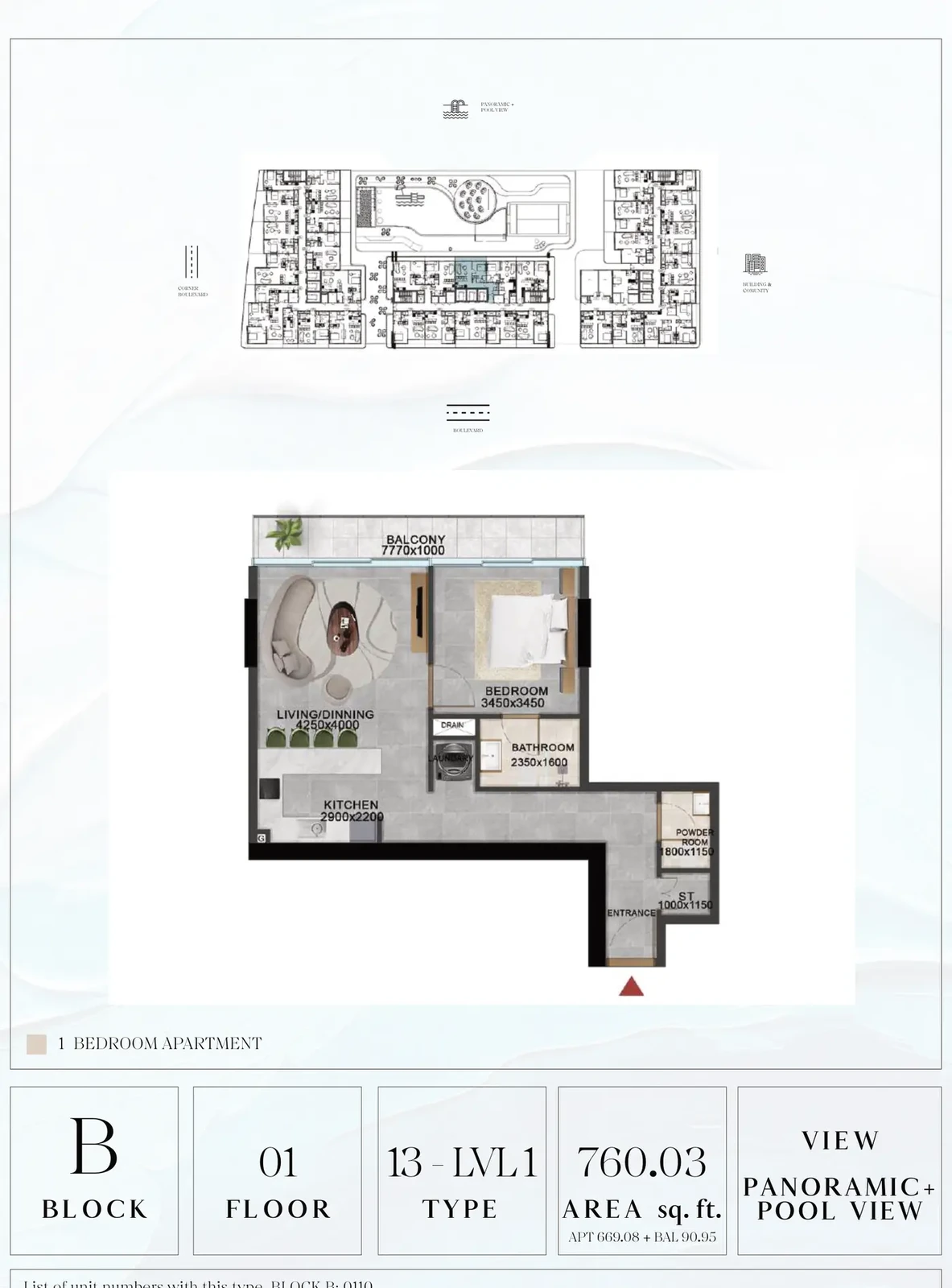 Vivanti Residences standard 1-bedroom apartment floor plan for Block B, Floor 01, Type 13-LVL1, 760.03 sq ft