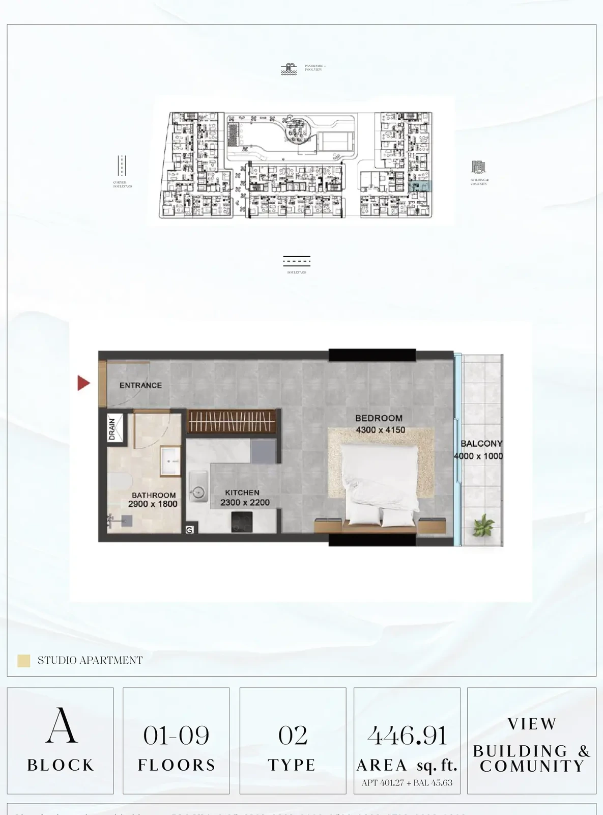 Vivanti Residences standard studio apartment floor plan for Block A, Floors 01-09, Type 02, 446.91 sq ft